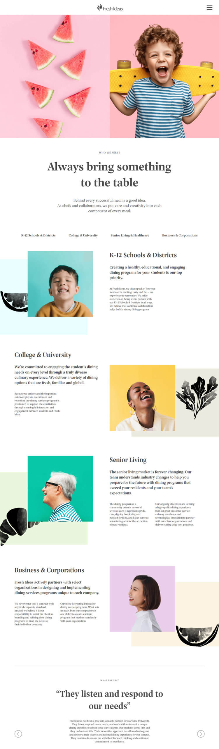 Fresh Ideas Food senior living and healthcare page screenshot