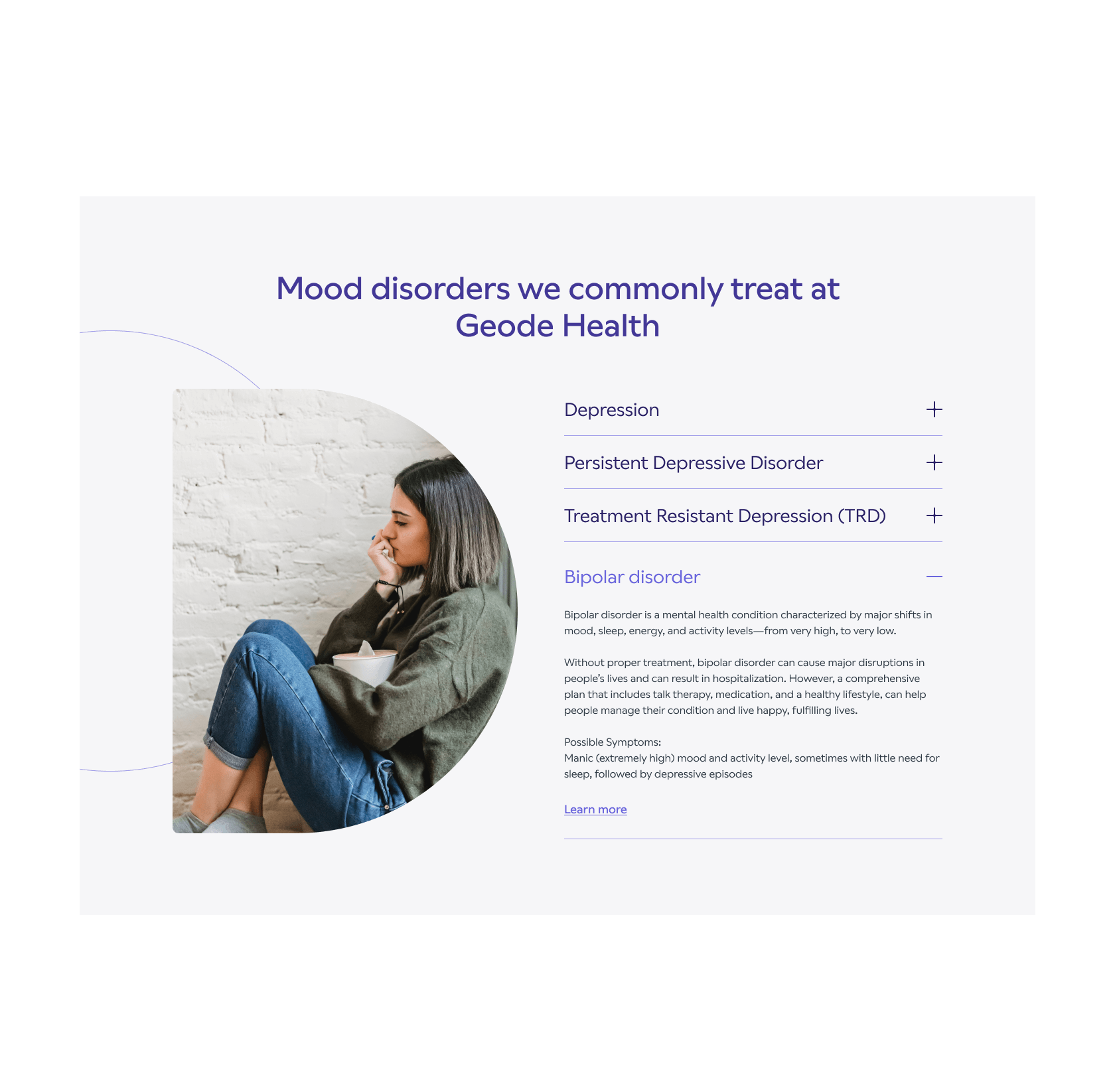 Geode Mood Disorders section, showing off the image masks and an accordion of content about Mood Disorders that they treat.