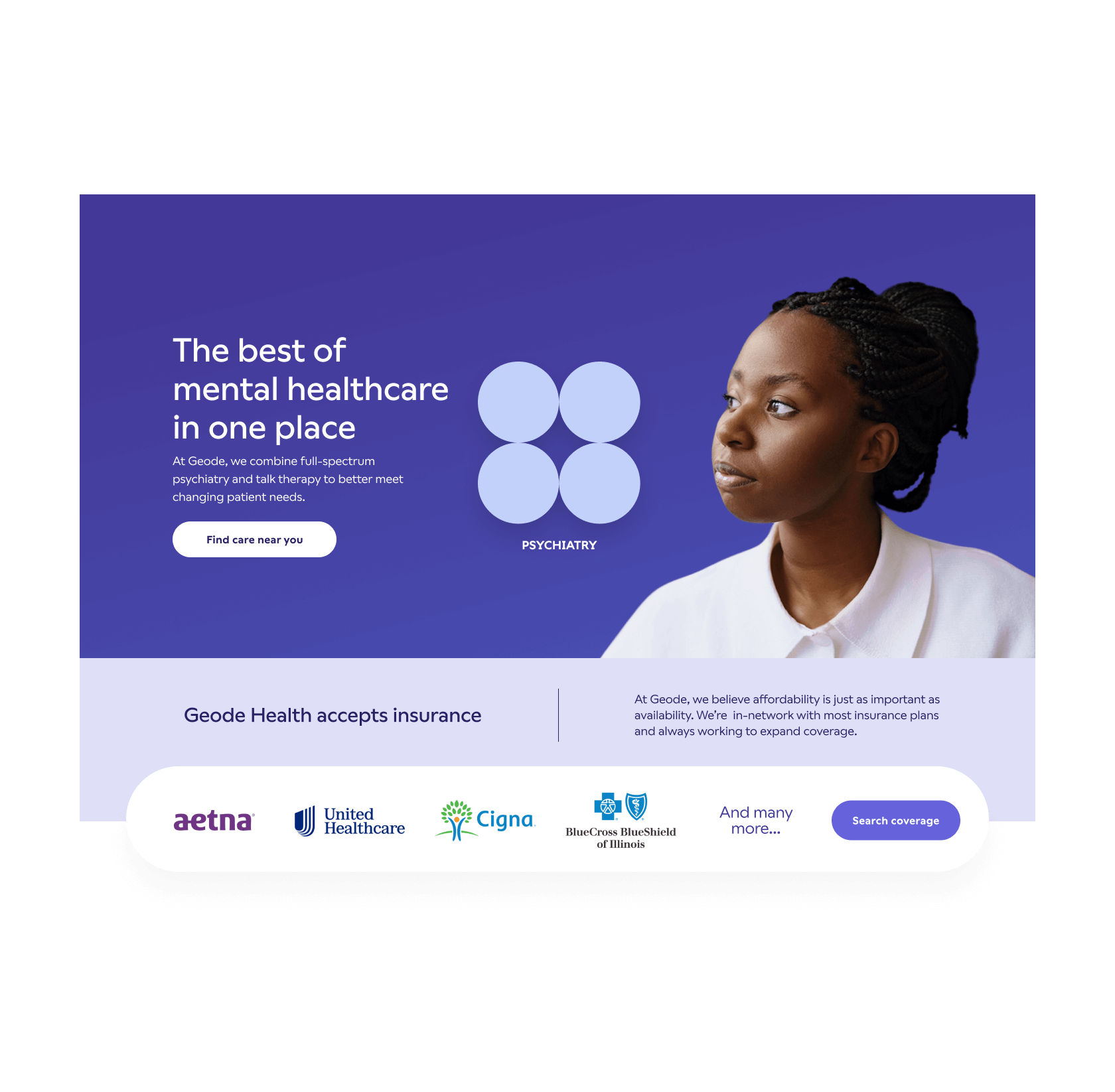 Geode Our Team section, with the headline "Hiring the best of the best in mental healthcare". Each team member is arranged in a circular ring surrounding the Geode logo.