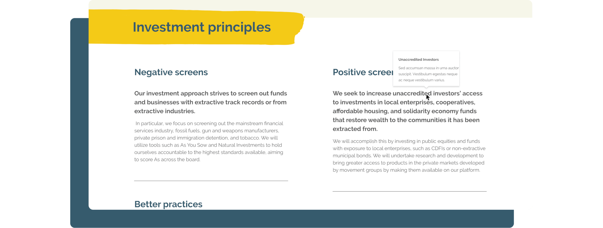 just futures website screenshot displaying a hover function in which a definition is brought up when hovering over certain words