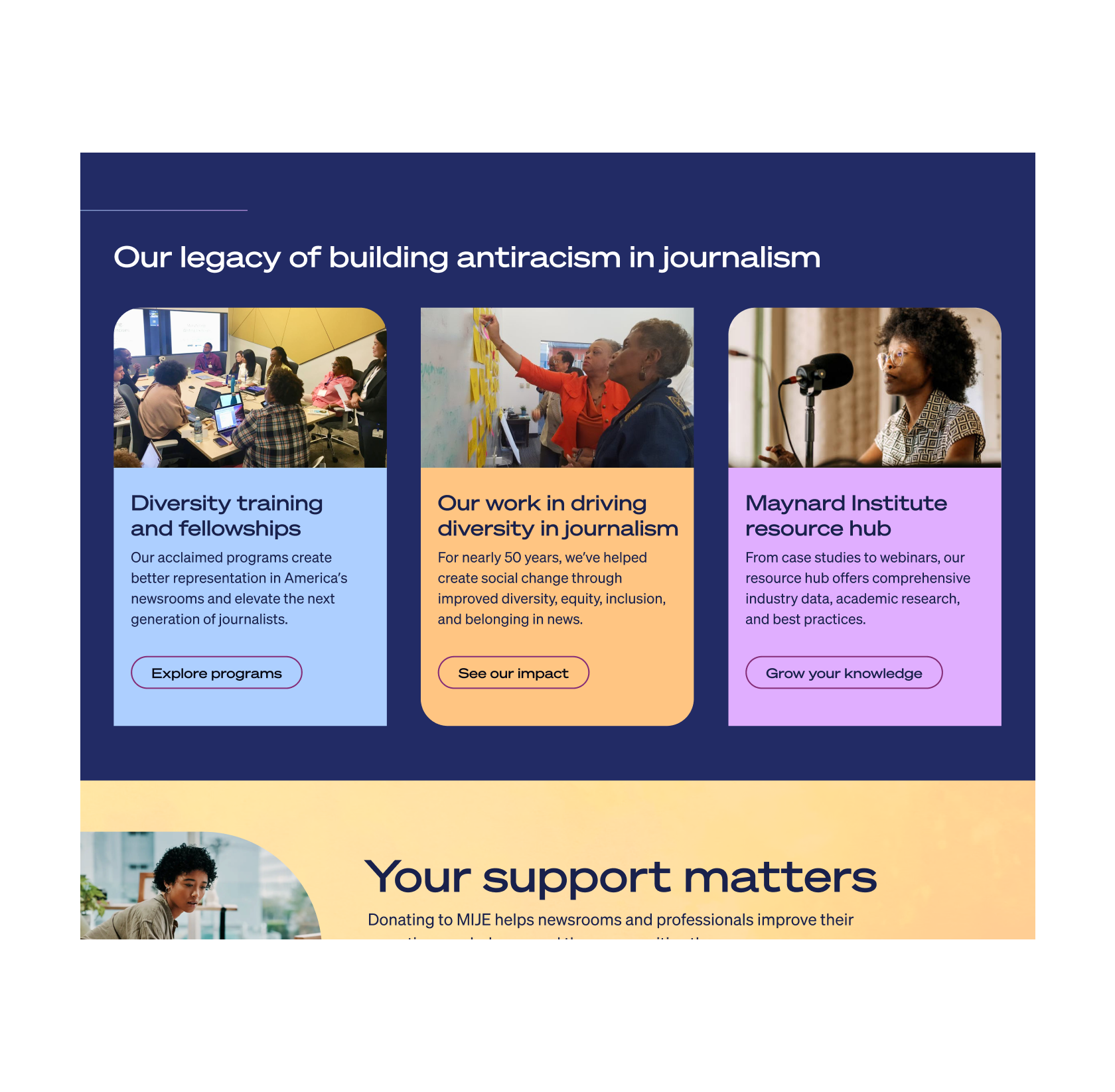 Maynard Institute home page news and events section screenshot