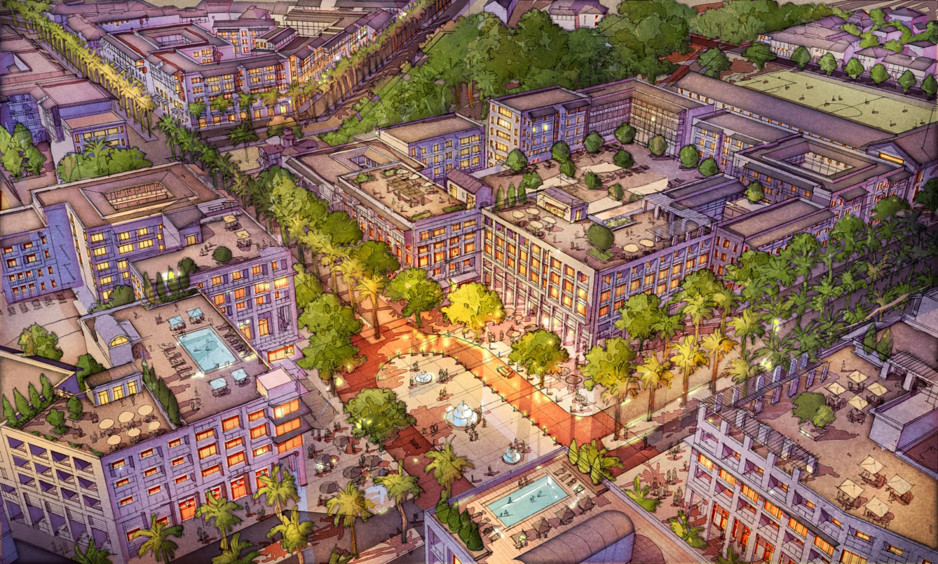 An animated drawing of a city with trees and buildings