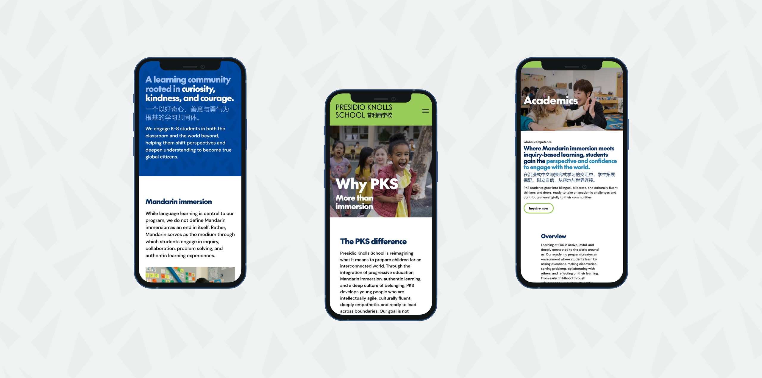Presidio Knolls School site on three mobile screens