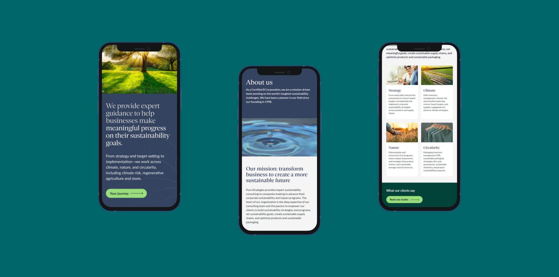 Pure Strategies site on three mobile screens