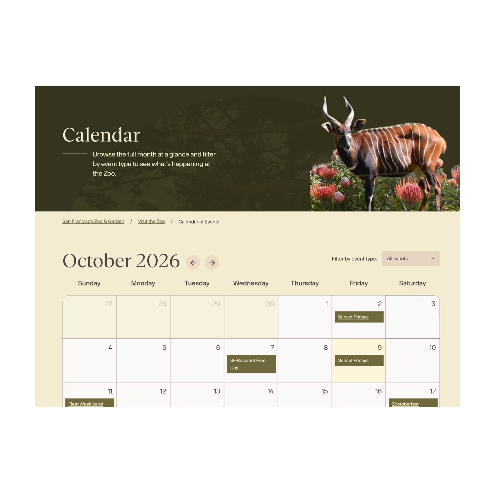 Calendar of Events page showing a monthly view for October 2026 with a filter by event type
