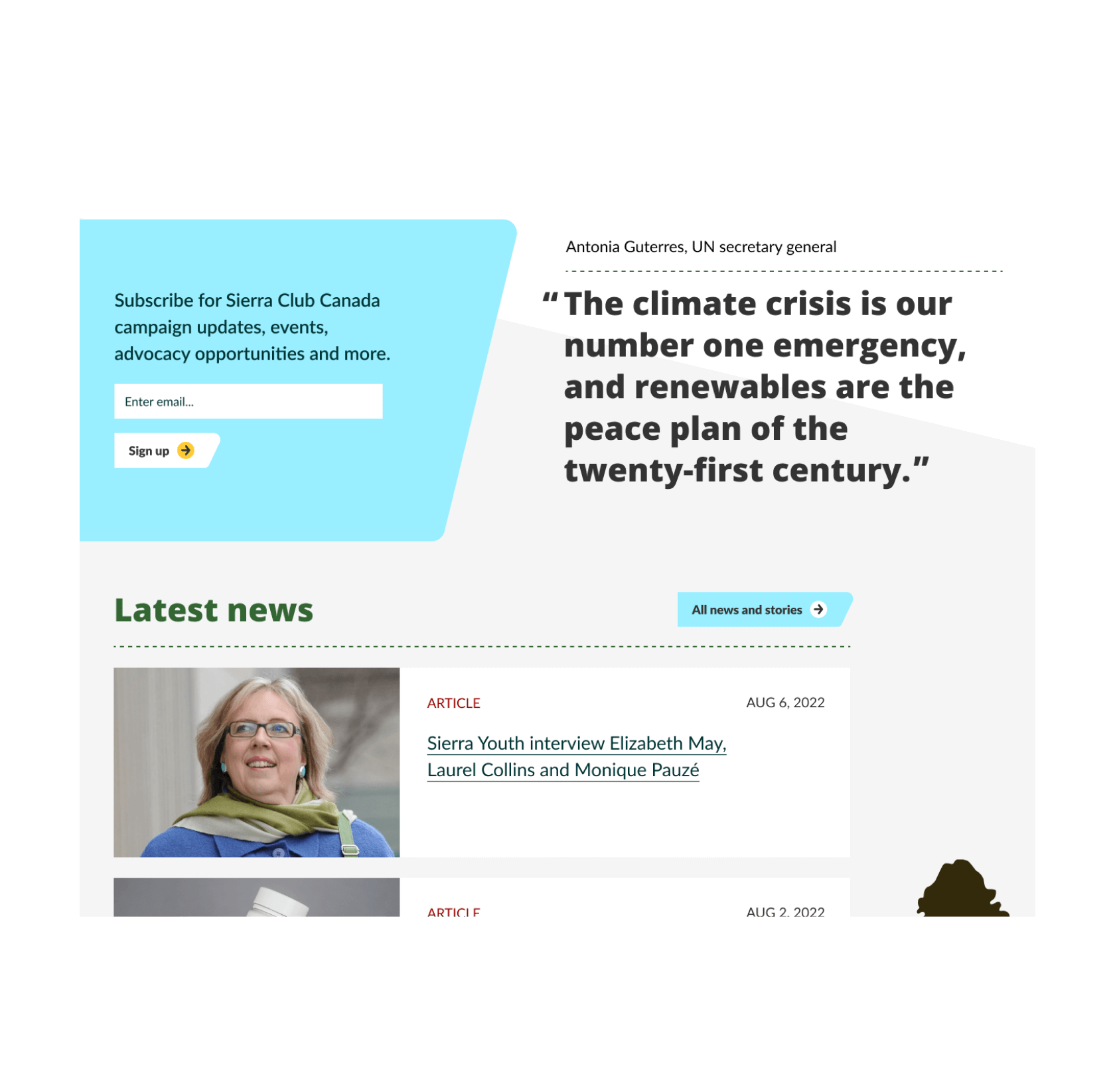 Sierra Club Atlantic Chapter's homepage. While similar to the homepage, it's customized content so that it's just specific to Atlantic Canada.