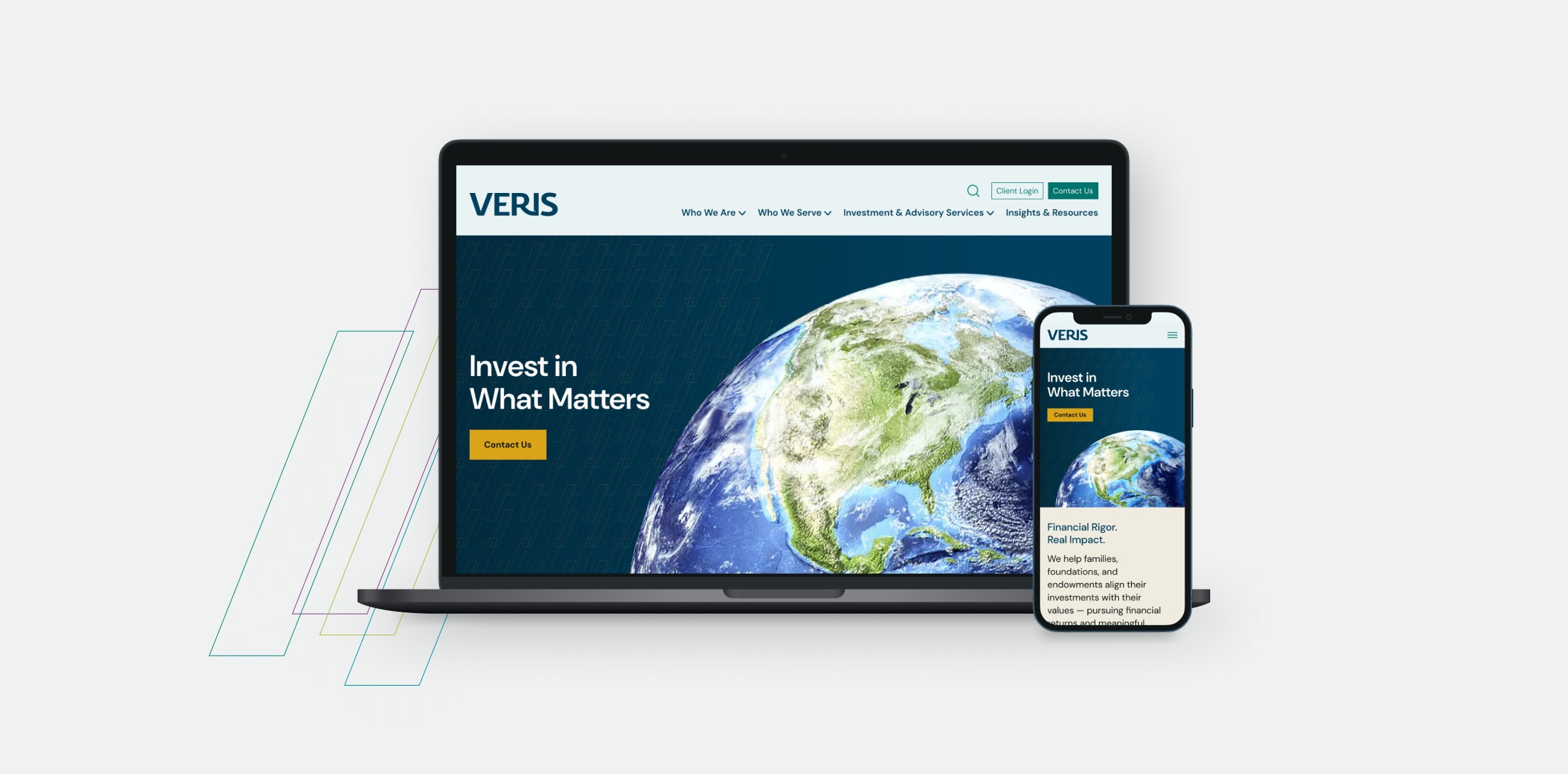 Veris Wealth Partners home page, Invest in What Matters, shown on a laptop and a phone