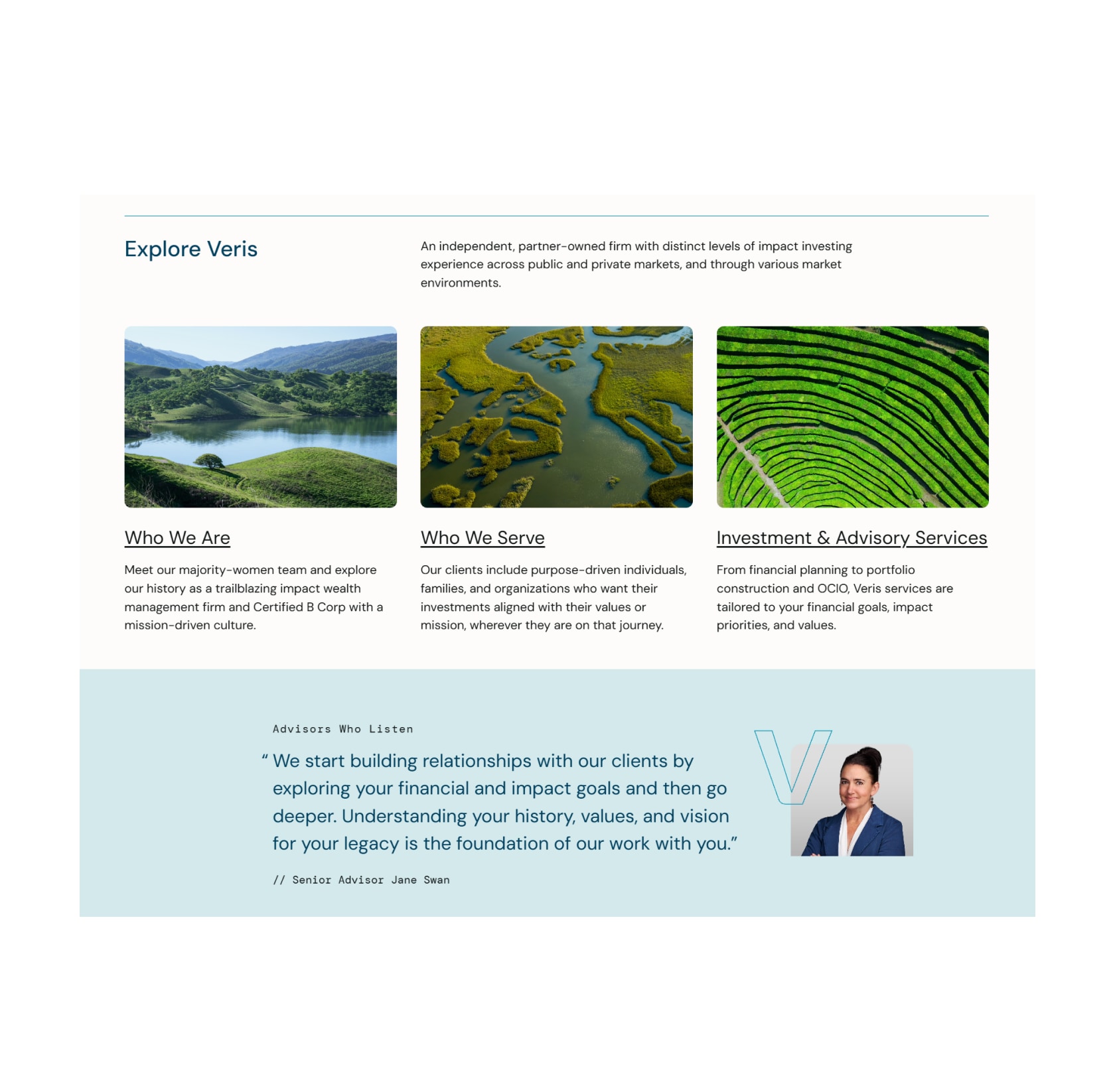 Explore Veris section with three cards, above an Advisors Who Listen quote from Senior Advisor Jane Swan