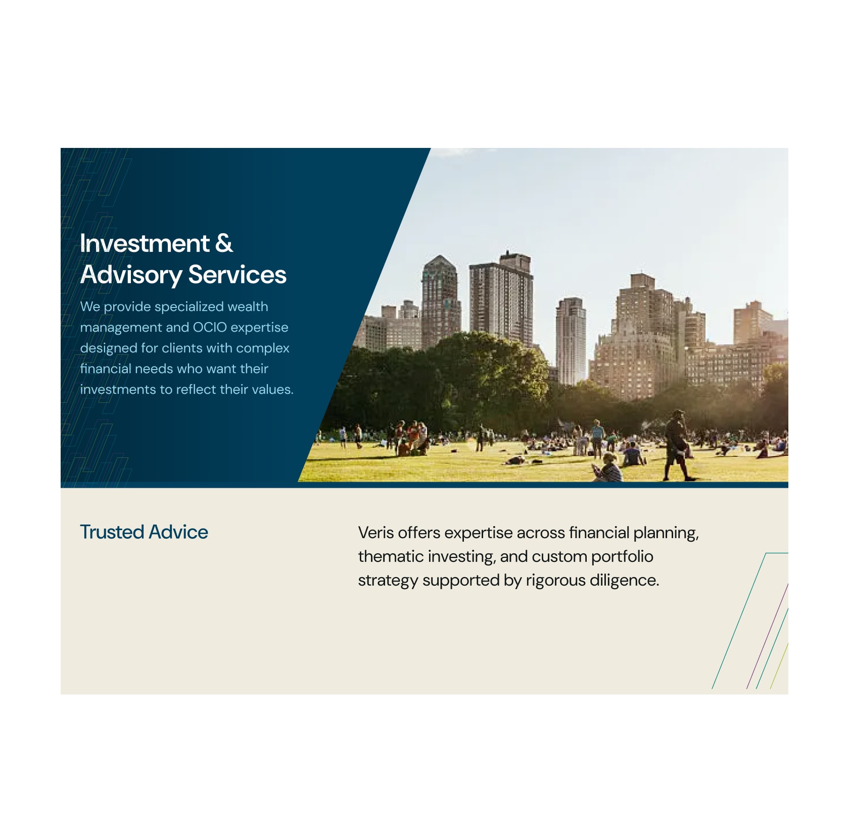 Investment & Advisory Services page with a photo of people on a lawn in front of city buildings above a Trusted Advice section