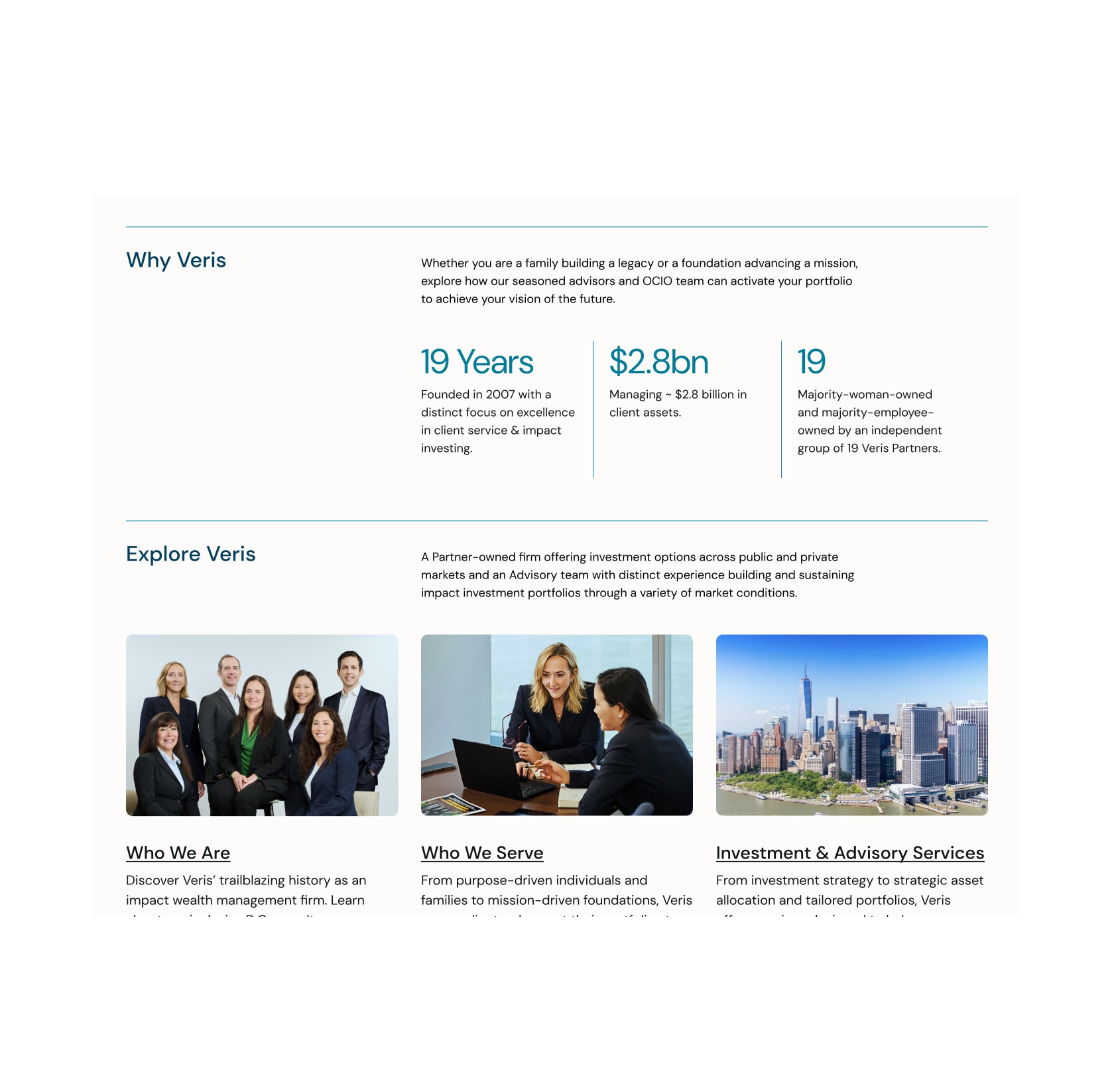 Why Veris section with statistics for 19 years, $2.8 billion, and 19 partners, above cards for Who We Are, Who We Serve, and Investment & Advisory Services
