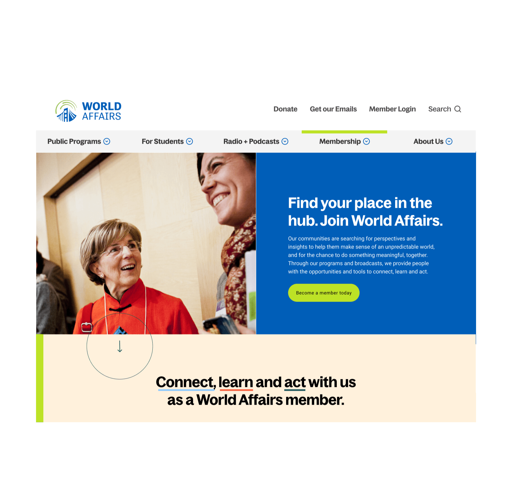 World Affairs screenshot of the homepage. There's a strong call to action, that encourages website visitors to join World Affairs as a member.