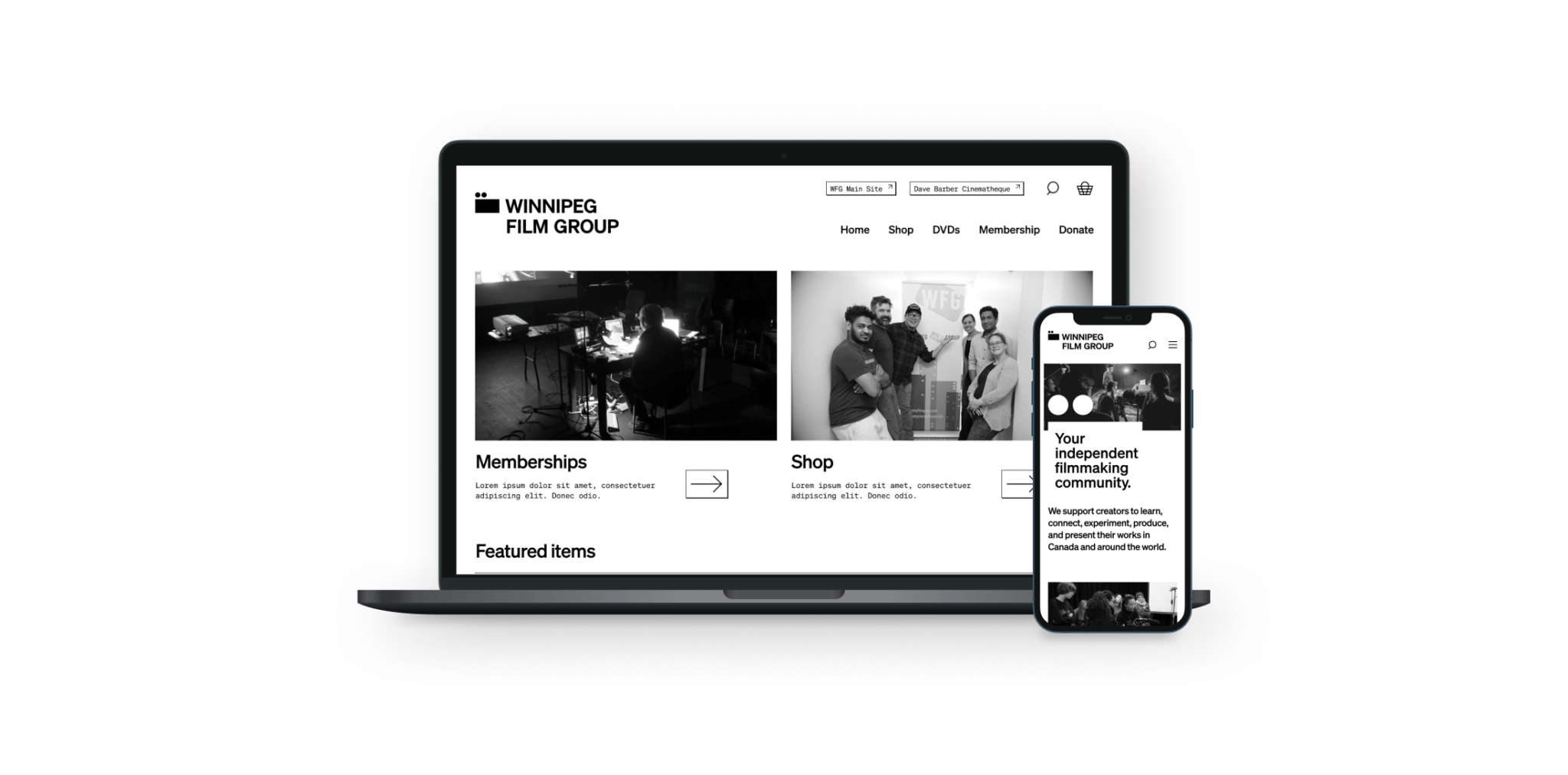 Winnipeg Film Group home page on laptop and mobile screens