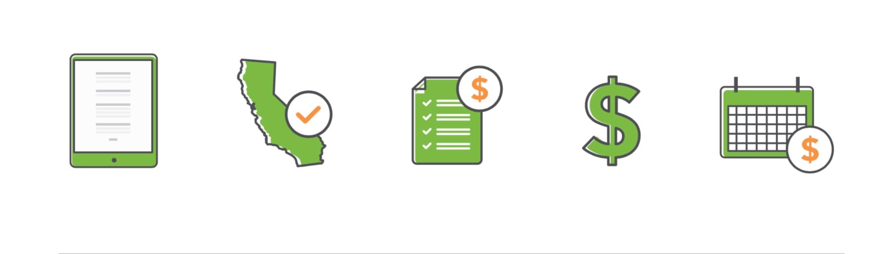 A row of green and white icons: tablet, state of california, checklist, dollar, and calendar