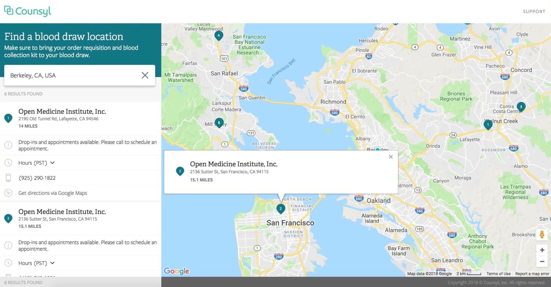 A page from Myriad Women’s Health showing the map of a location