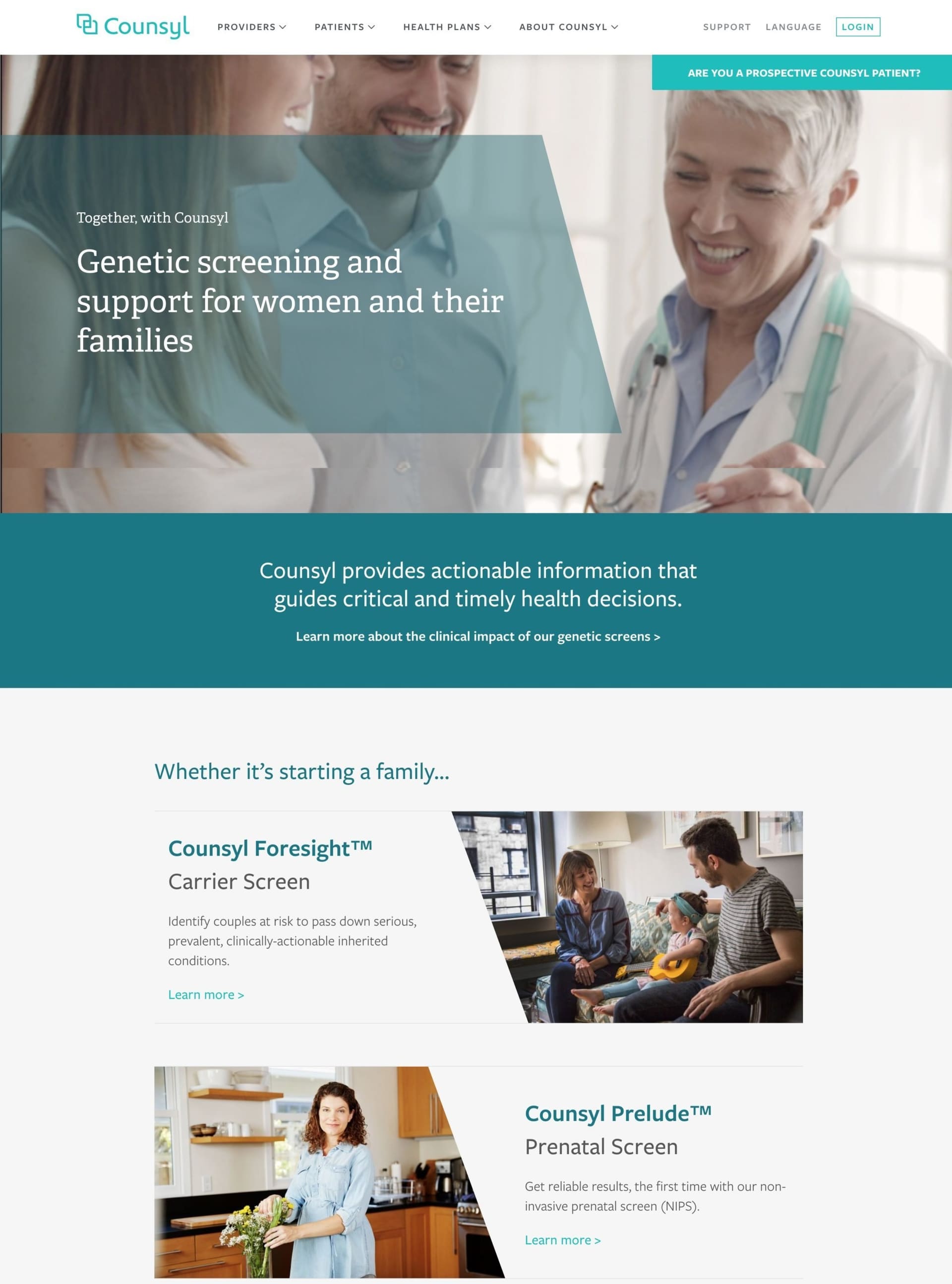 A page from Myriad Women’s Health website showing images and text