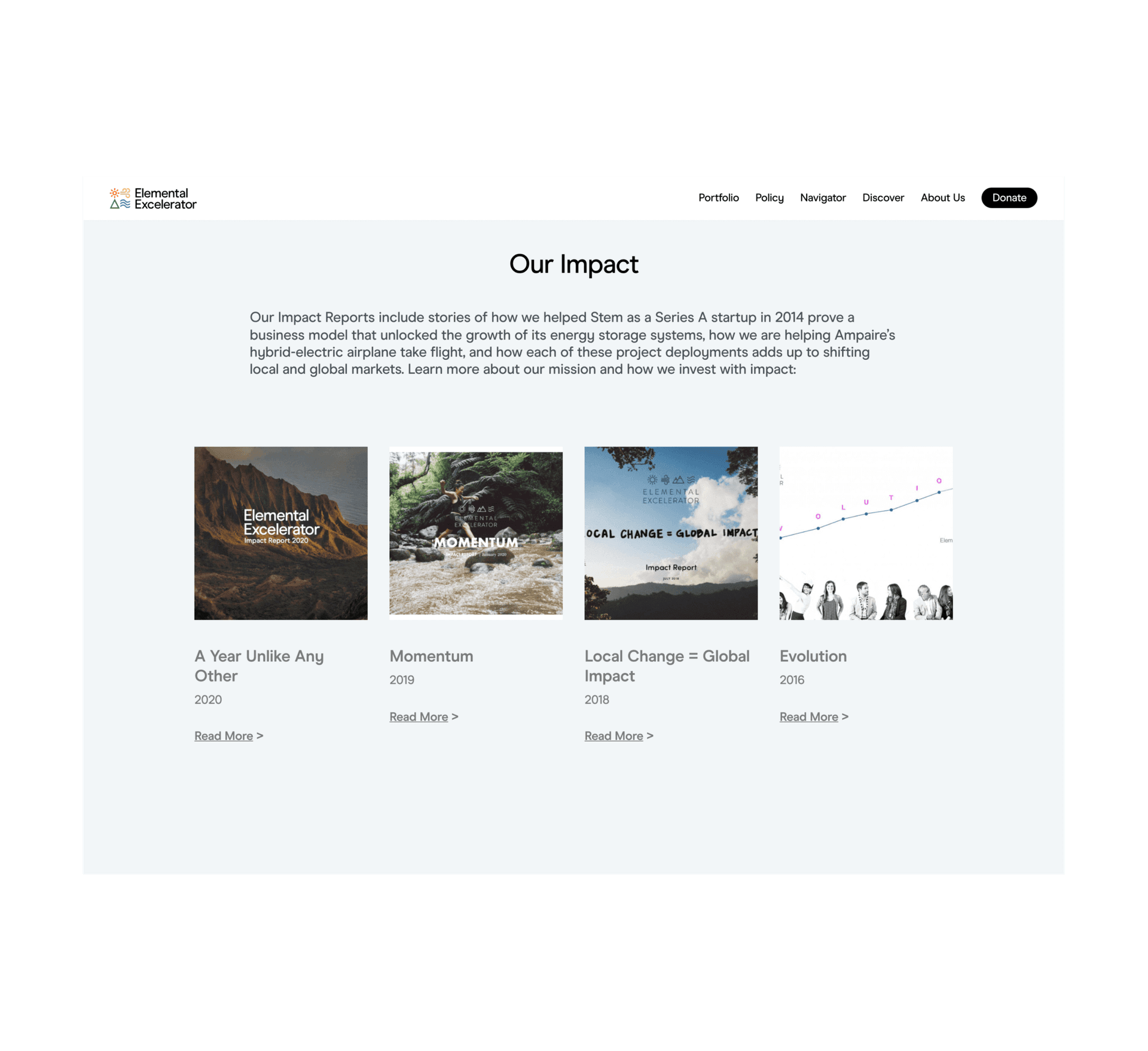 Elemental Excelerator website screenshot about impact