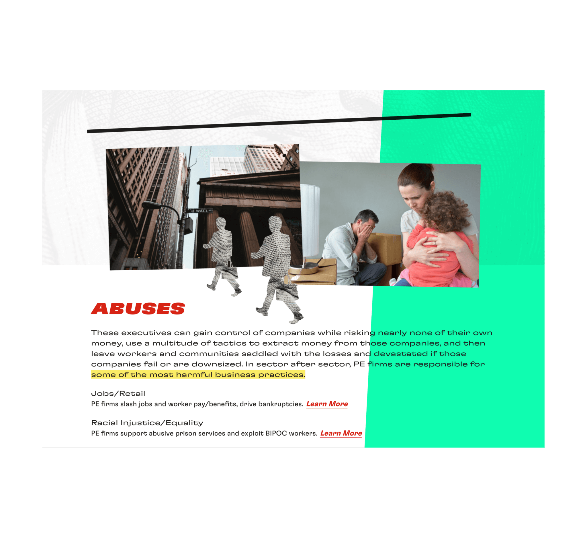 A page from Stop Wall St Looting website showing images and text