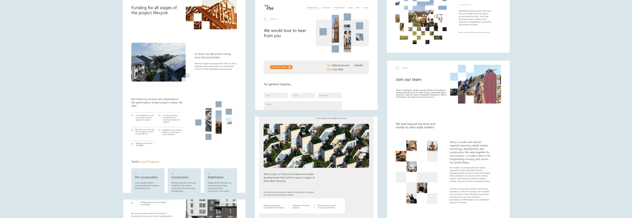 screenshot of various pages from Techo website