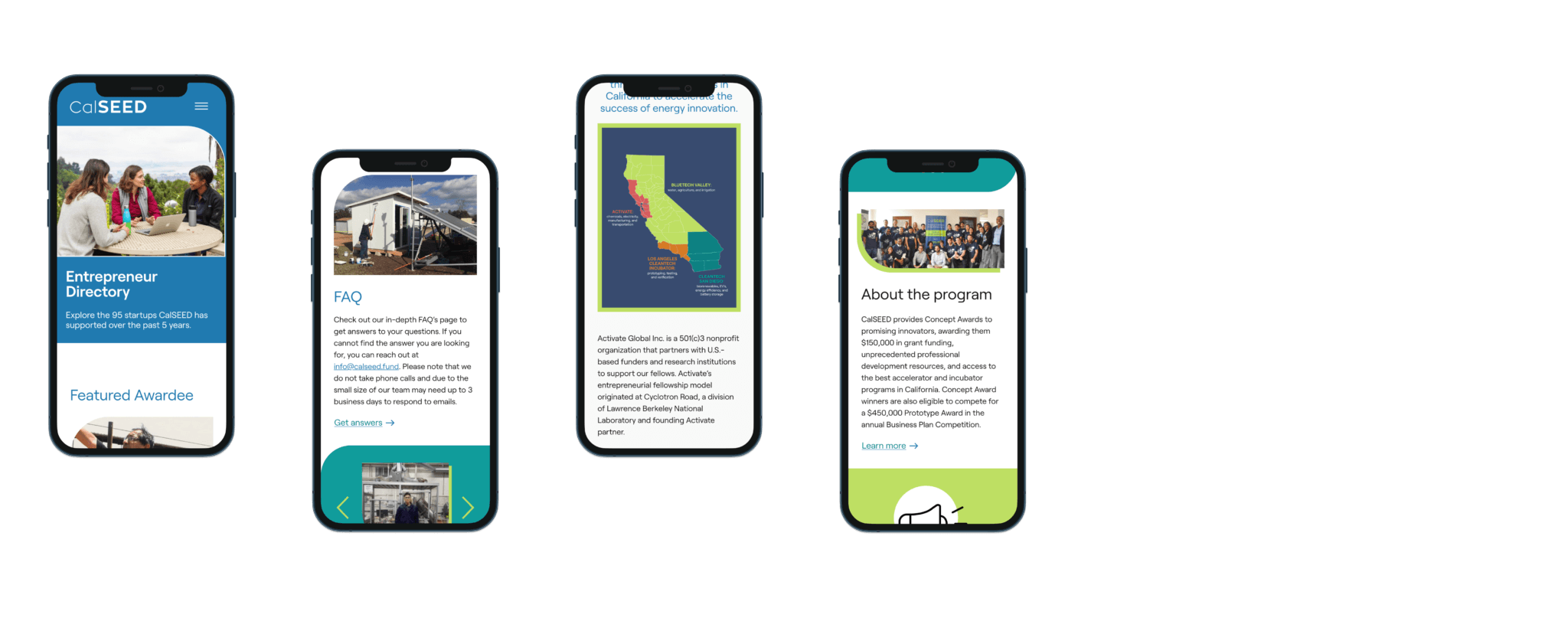 mockup of CalSeed website mobile images from various pages