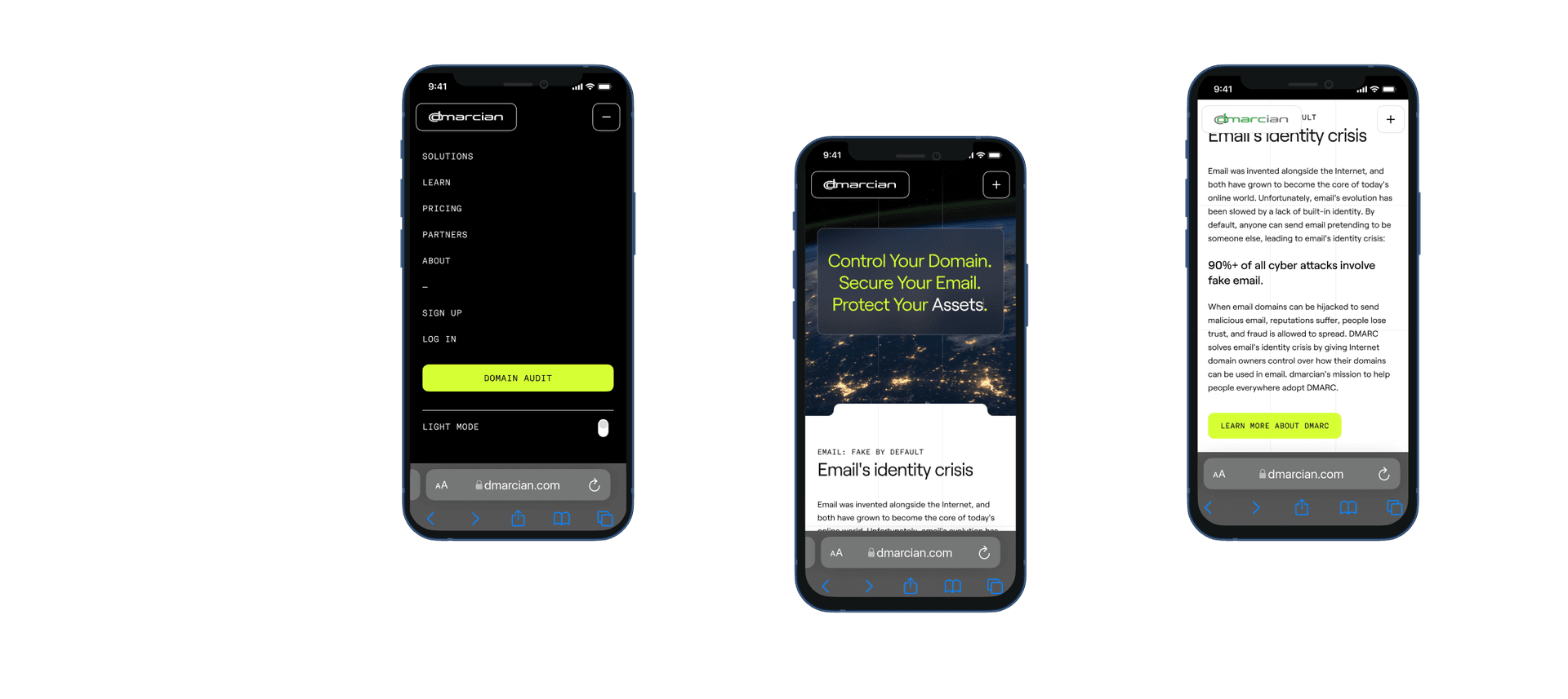 3 mobile phone mockups of dmarcian website