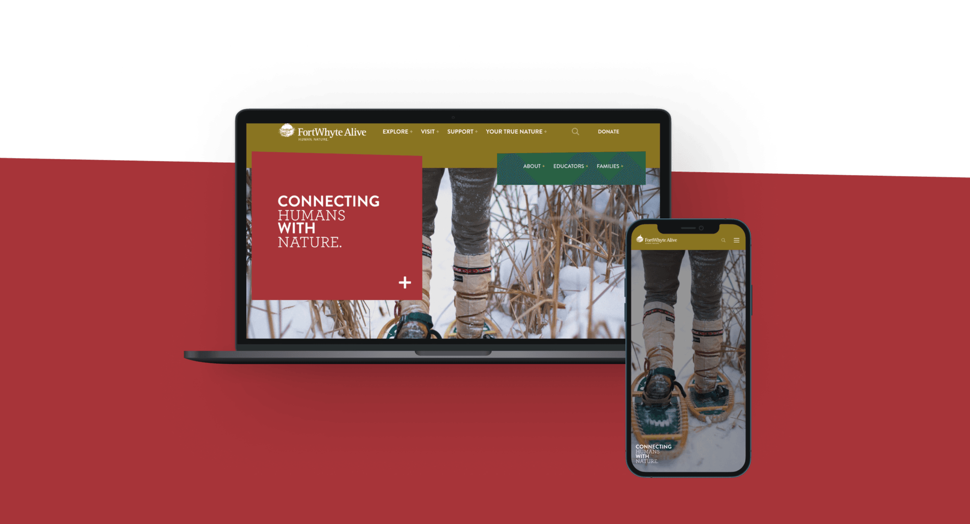 FortWhyte desktop and mobile screen mockup of home screen