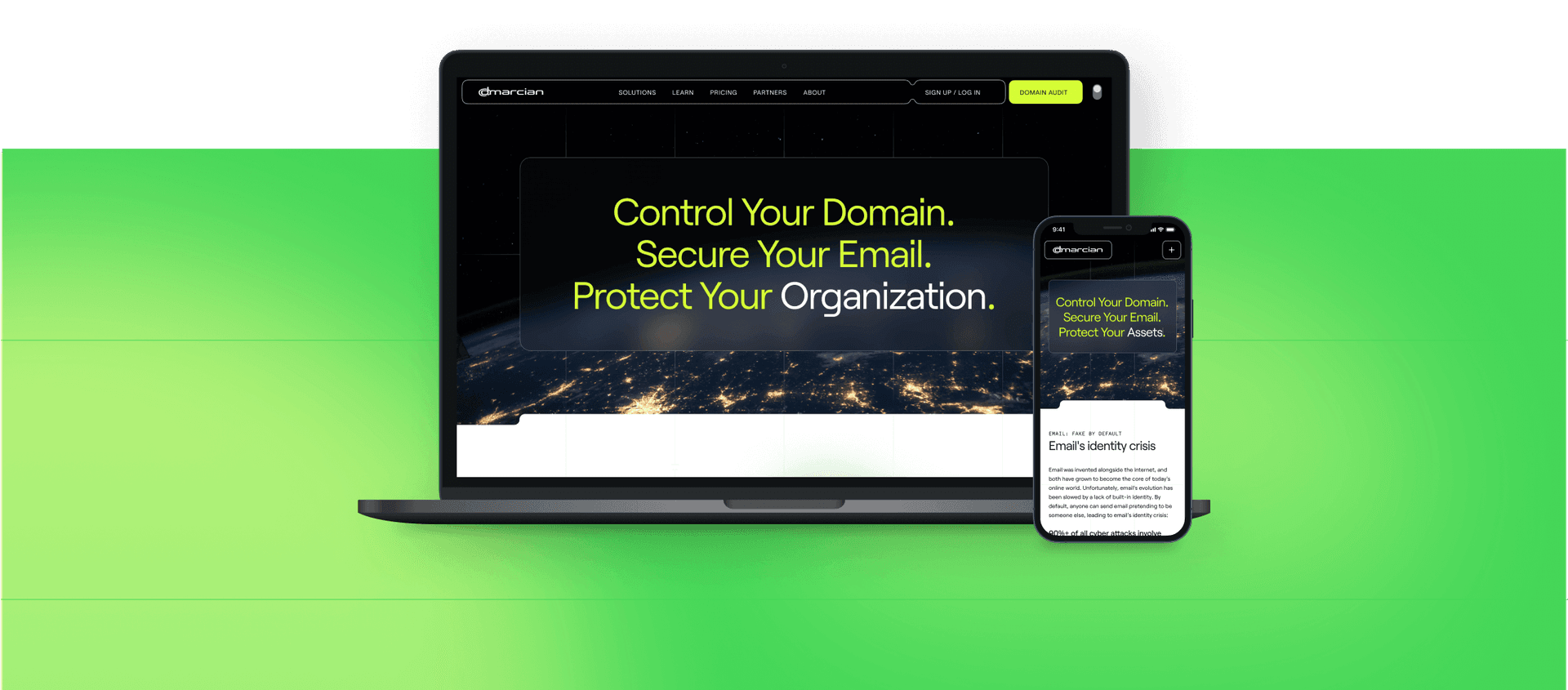 laptop and phone screen mockups of dmarcian home page