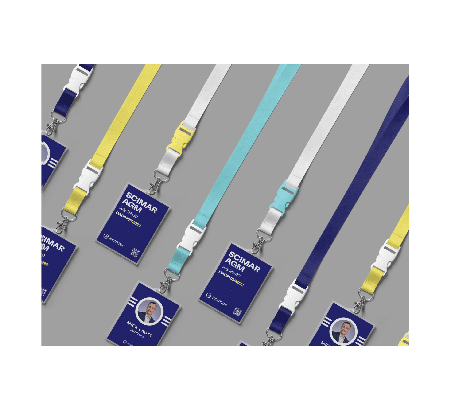 Scimar branding displayed on identification badges as a mockup image