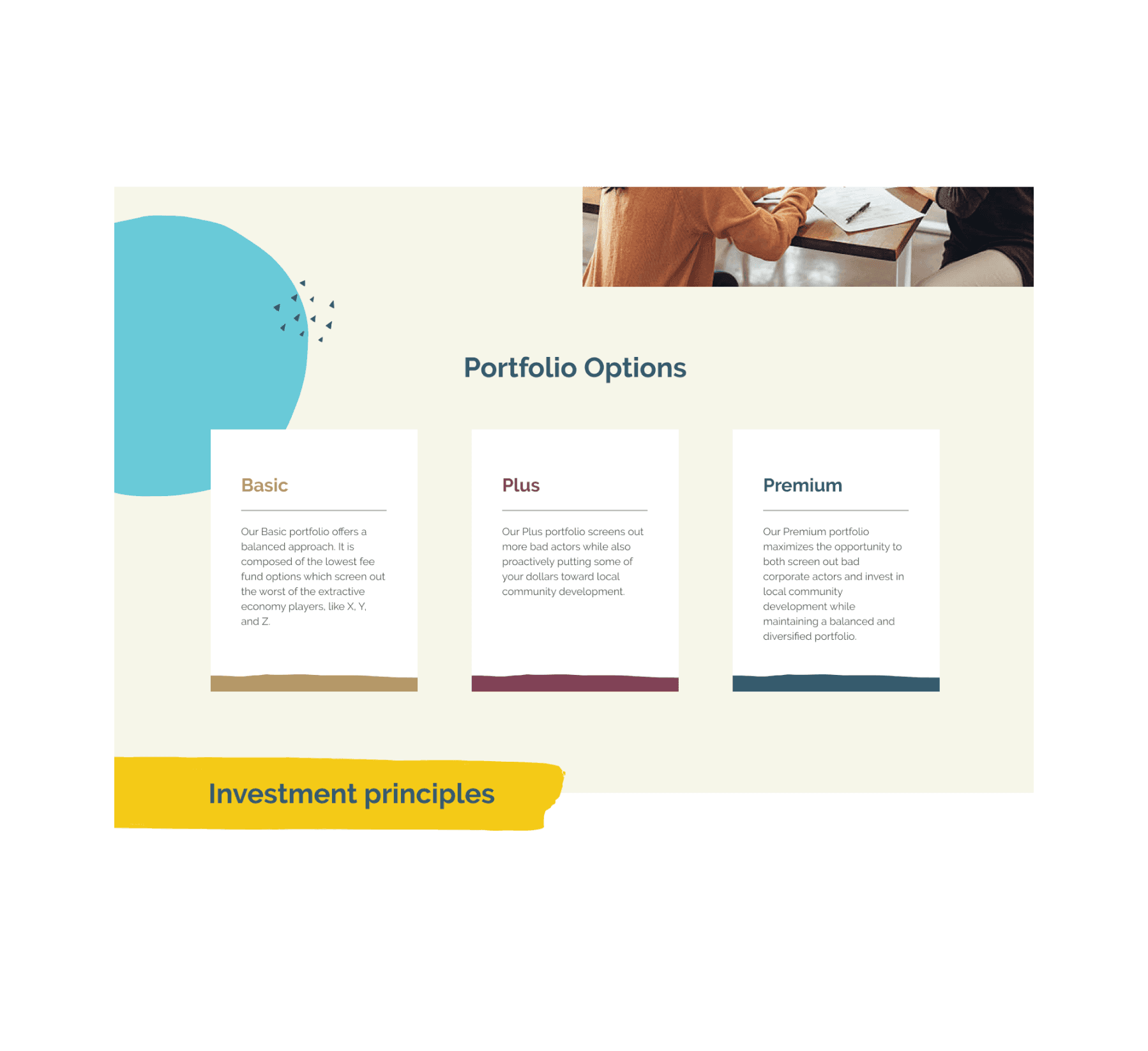 just futures website, 3 cards displaying levels of portfolio options