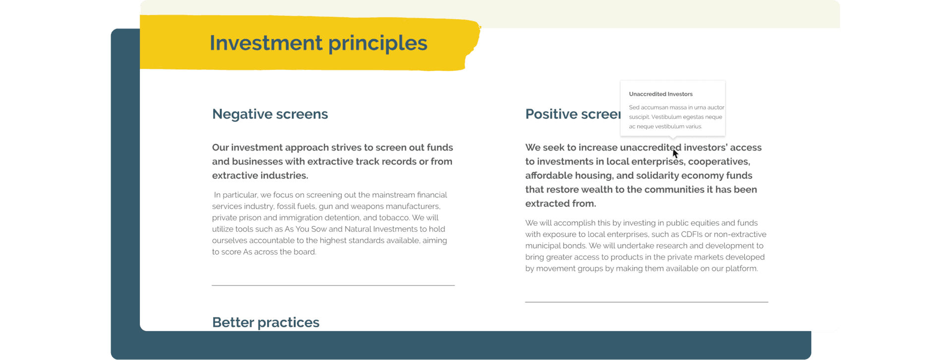 just futures website screenshot displaying a hover function in which a definition is brought up when hovering over certain words