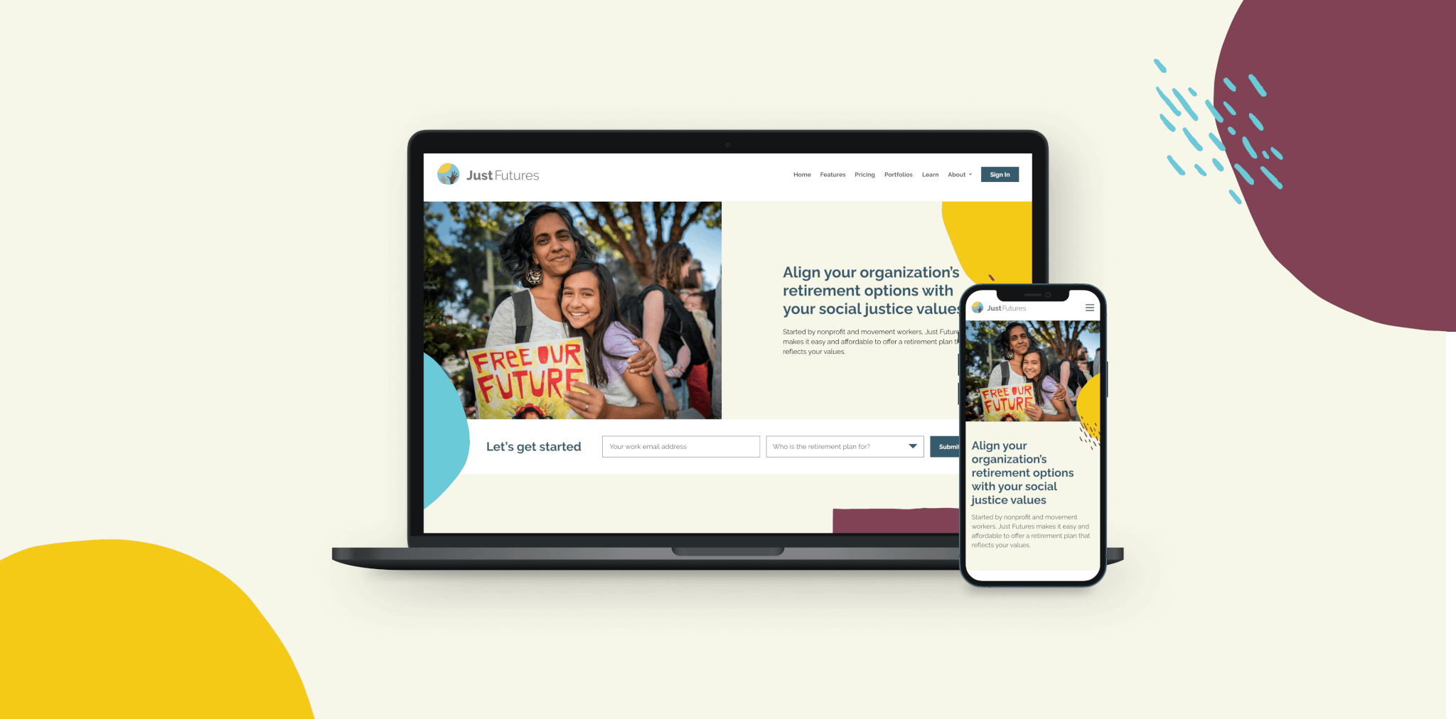 mockup of laptop screen and phone screen displaying just futures home page