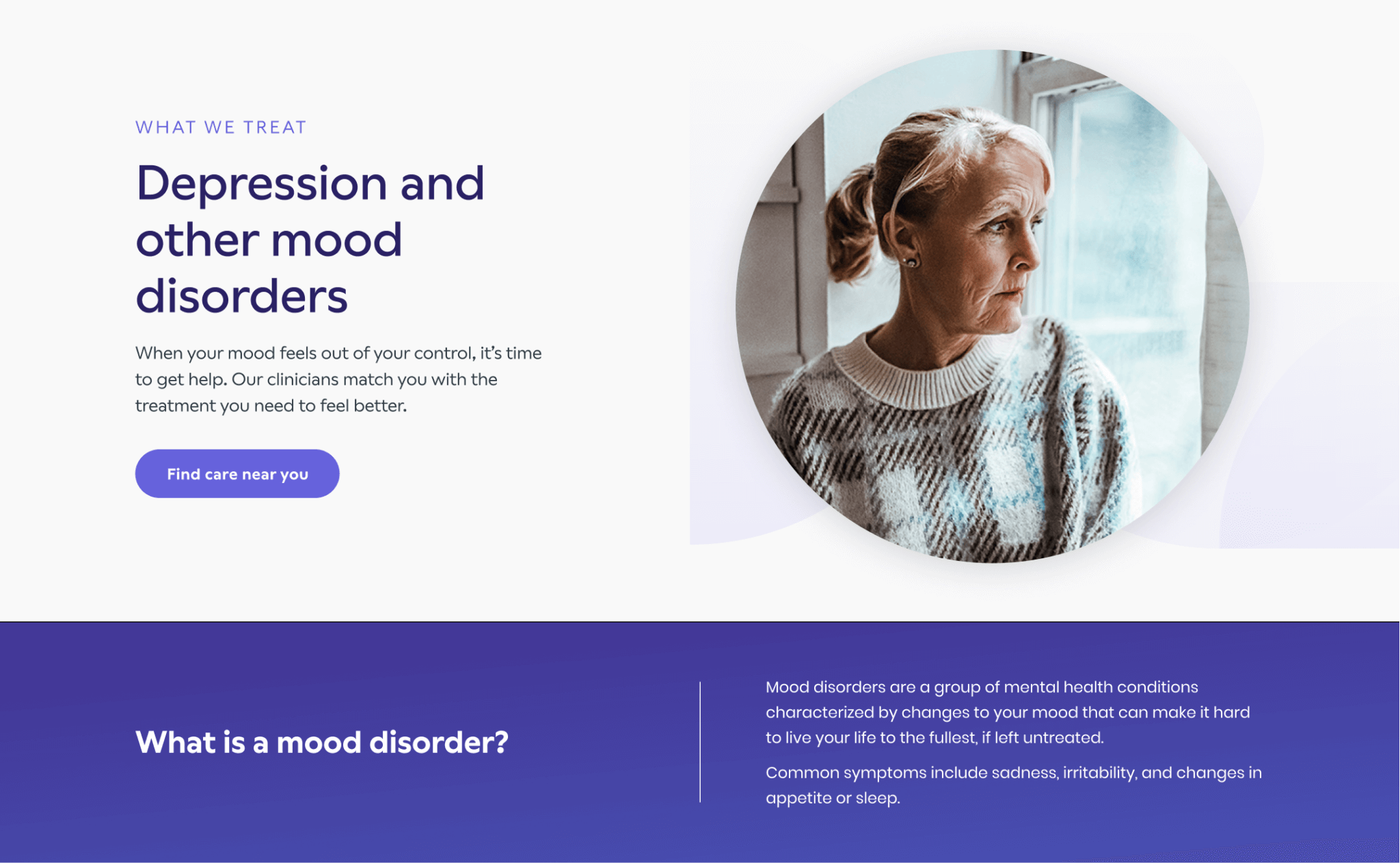 A screenshot from Geode Health, which demonstrates text and images, in a call to action layer to find care near you for depression and other mood disorders.