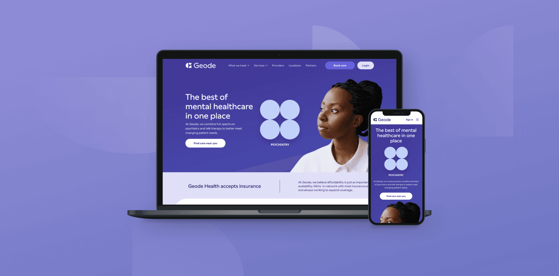 Desktop and mobile device mock-up of Geode Health home page. It shows off the design elements, circles and rounded edges. There is a mono-coloured purple theme.