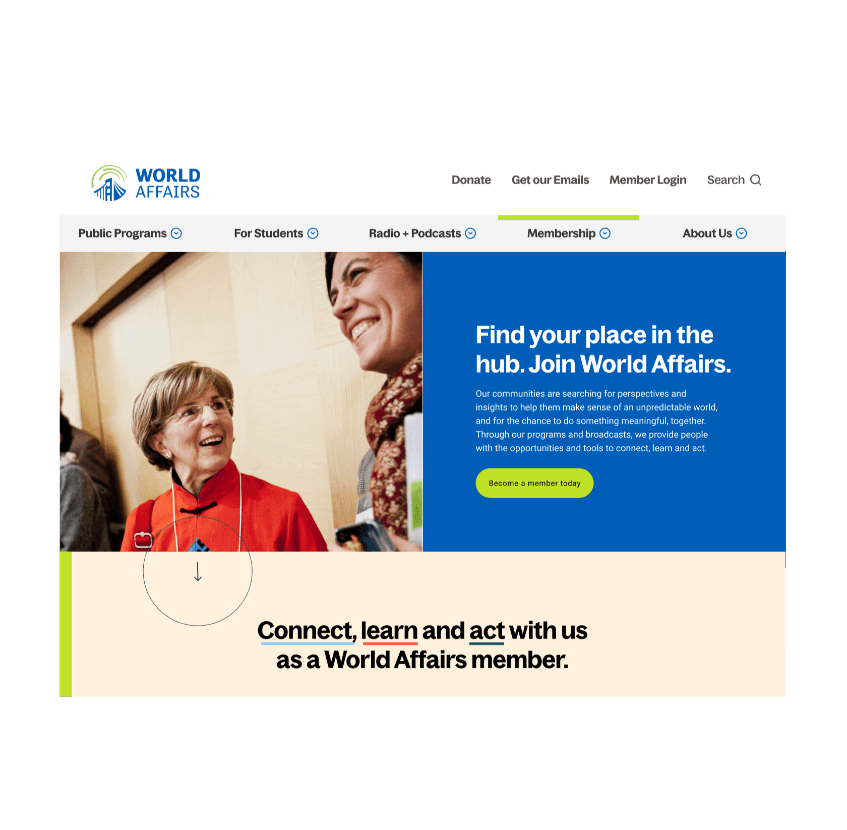 World Affairs screenshot of the homepage. There's a strong call to action, that encourages website visitors to join World Affairs as a member.