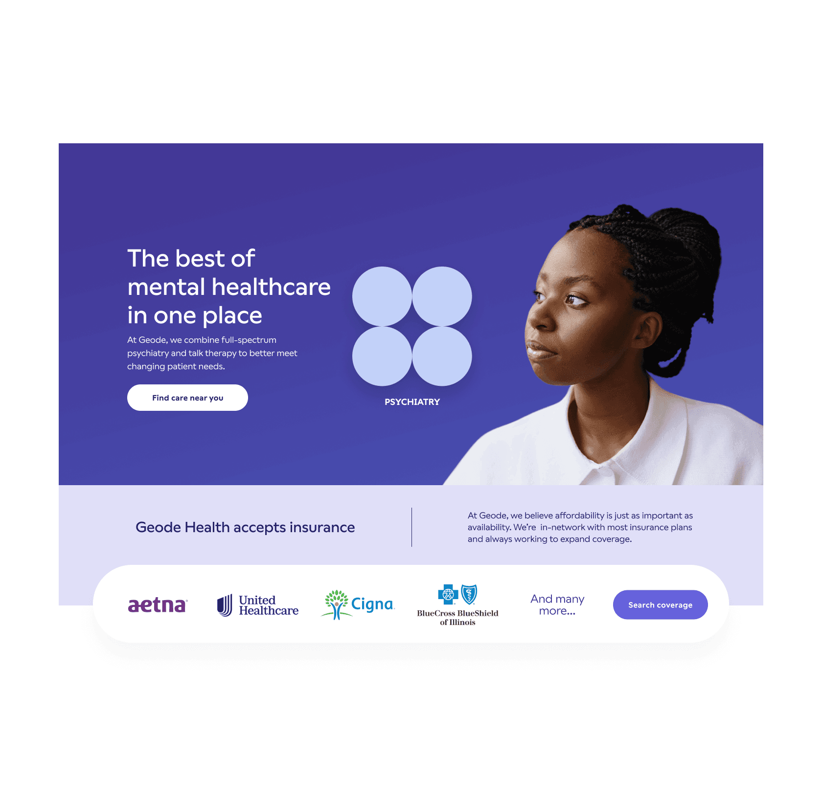 A screenshot from Geode health showing off the design elements, circles and rounded edges. There is a mono-coloured purple theme.