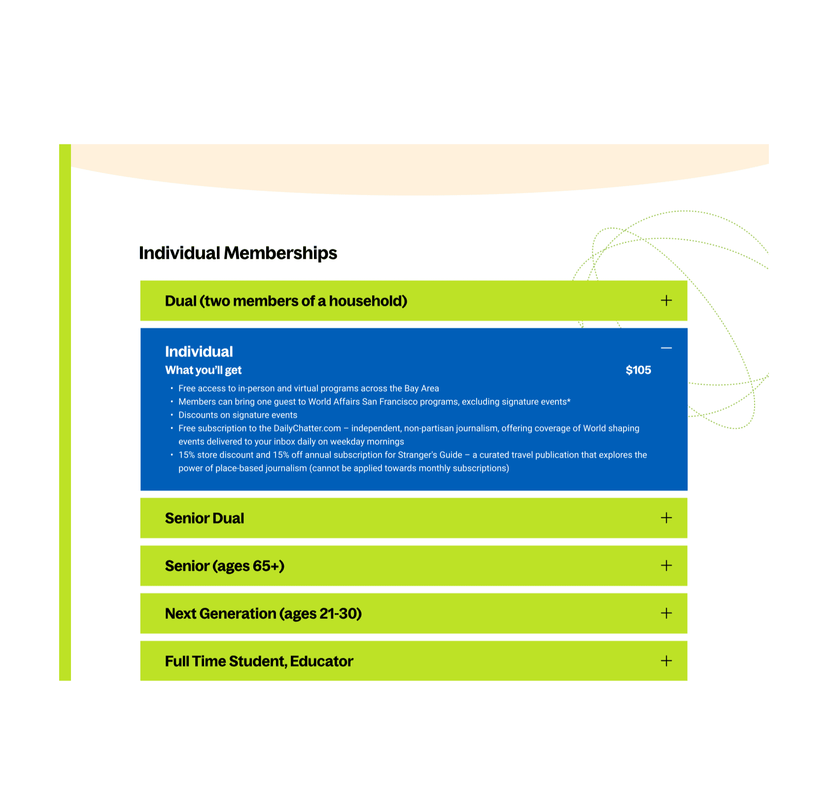 World Affairs screenshot, showing the FAQ layer about individual memberships.