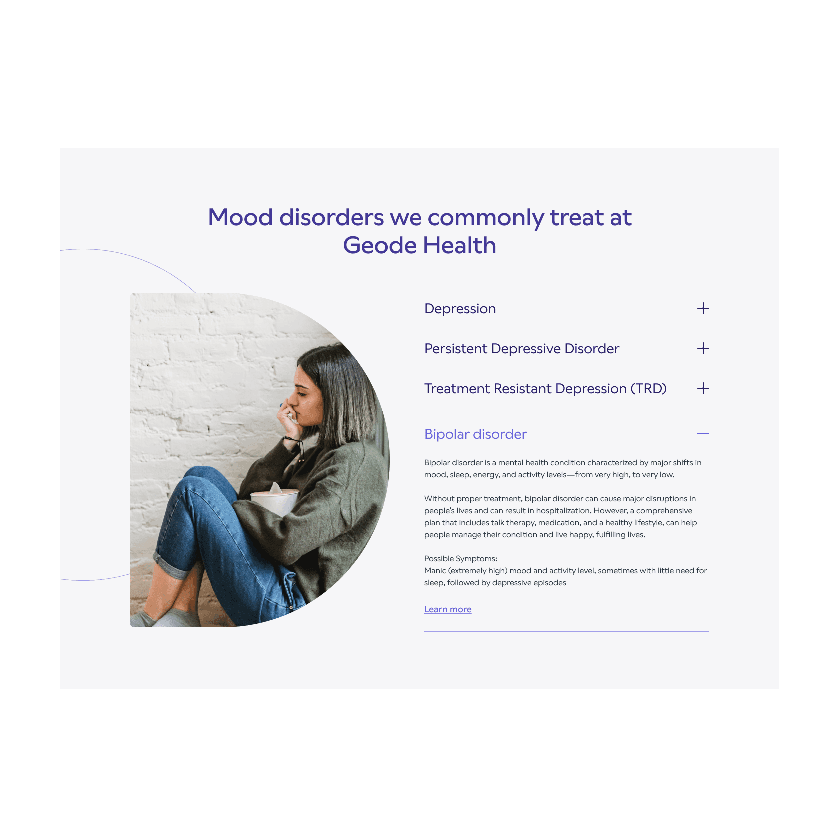 Geode Mood Disorders section, showing off the image masks and an accordion of content about Mood Disorders that they treat.