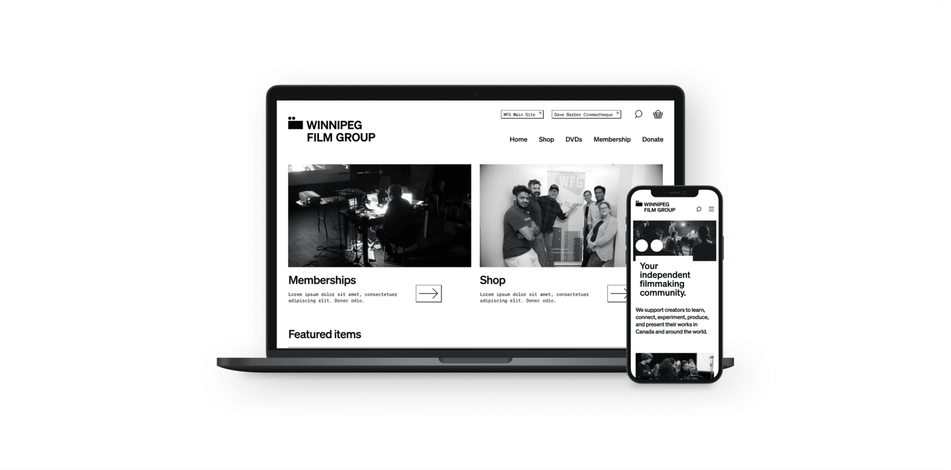 Winnipeg Film Group home page on laptop and mobile screens